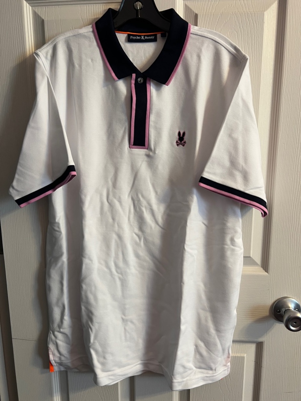 Psycho Bunny White Polo with Navy Collar and Pink Trim